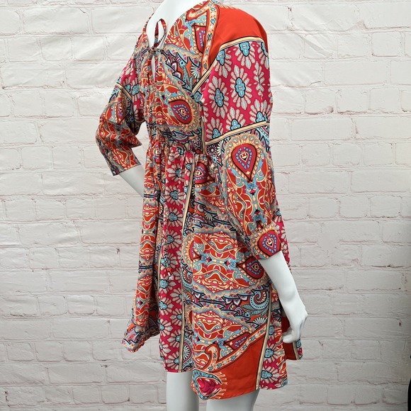 Women's Bohemian Short Floral Dress V-Neck, 3/4 Sleeve Outfit Size S - Picture 4 of 15